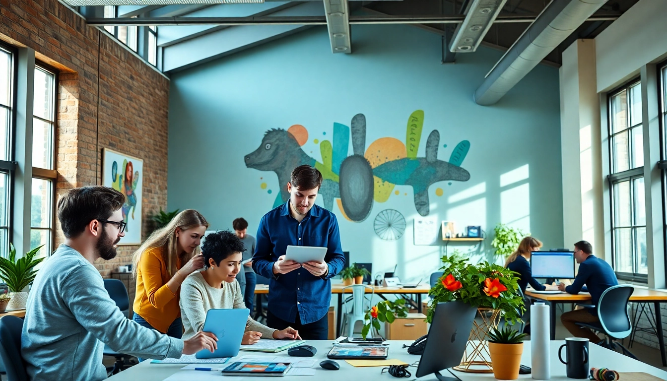 Dynamic collaboration scene of Hereford Website Designers in a modern studio workspace.