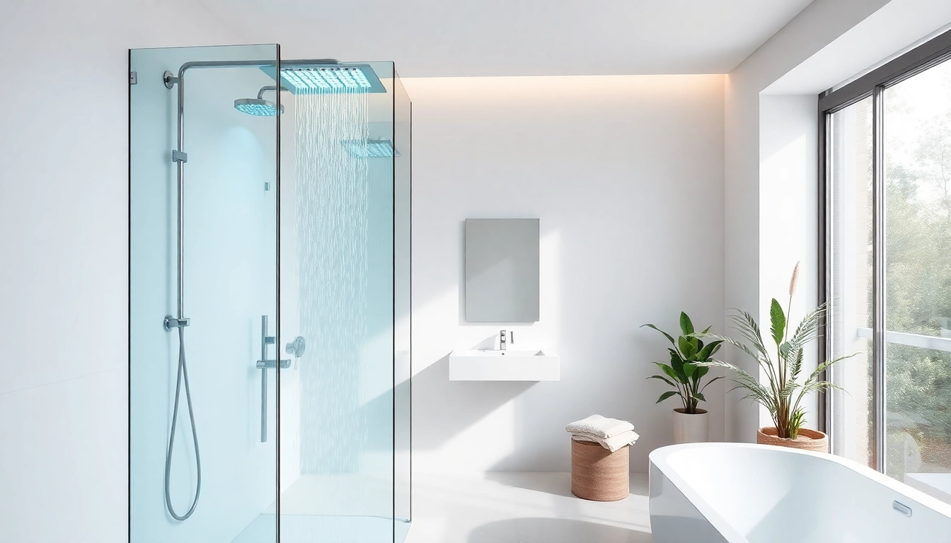 Admire the modern design of sunny showers france with stylish fixtures and serene lighting.