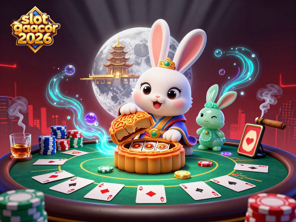 Engage with slot-gacor2026 as the moon rabbit crafts mooncakes revealing jackpot symbols in a vibrant casino scene