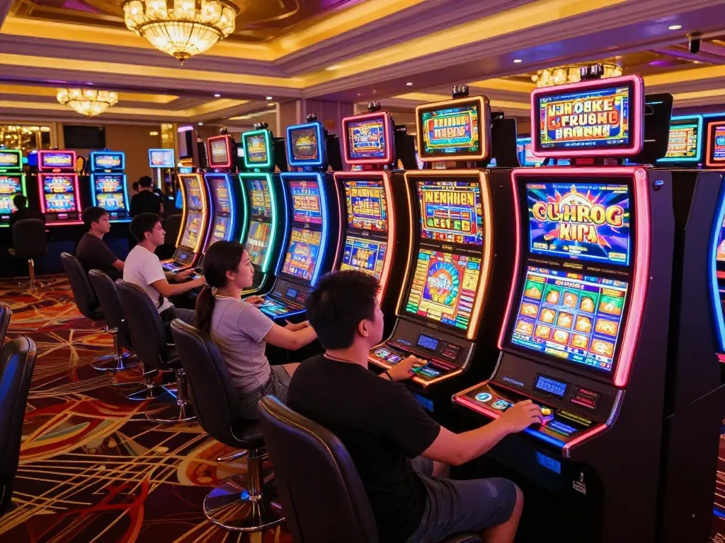 Players enthusiastically engaging with slot machines emphasizing the thrill of slot bet 200 in a vibrant casino setting