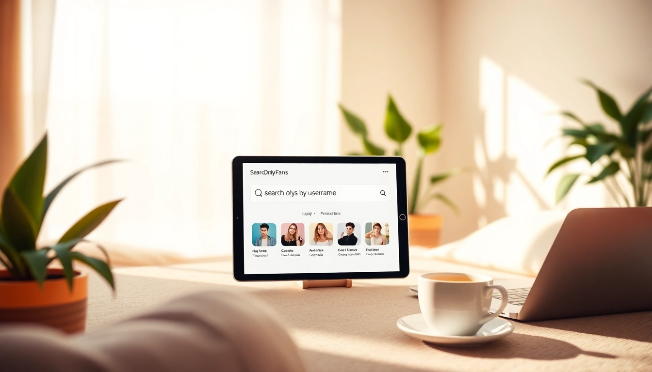 Searching OnlyFans by username on a digital device in a cozy workspace.