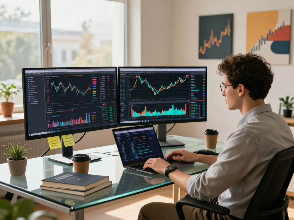 Innovative workspace for developers showcasing grain algorithmic trading API integration with real-time forex data on monitors.