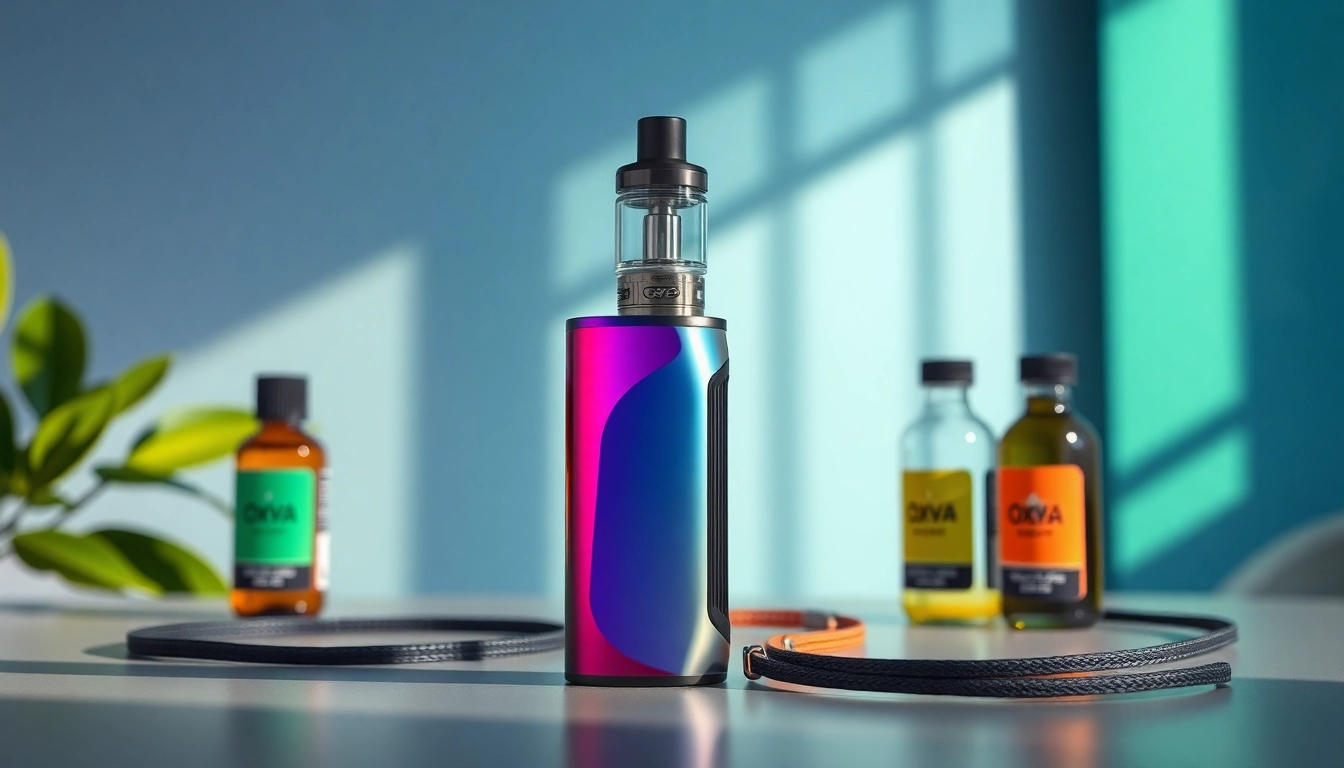 Anzeige des Oxva Vape-Geräts mit lebendigem Design und stilvoller Präsentation.