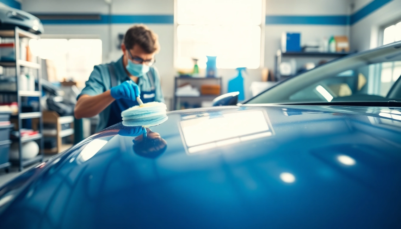 Car detailing near me with a technician polishing a vehicle in a bright garage.