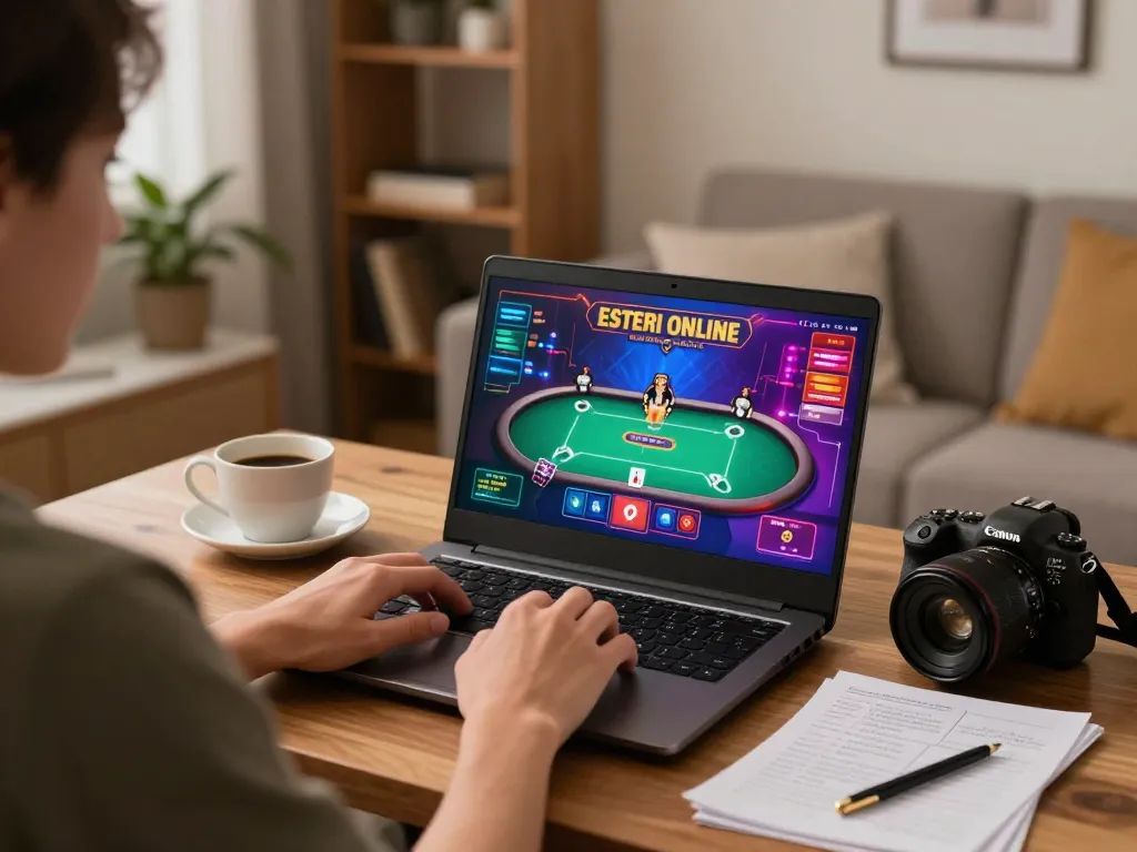 Playing casino esteri online on a laptop at home with vibrant poker game displayed.