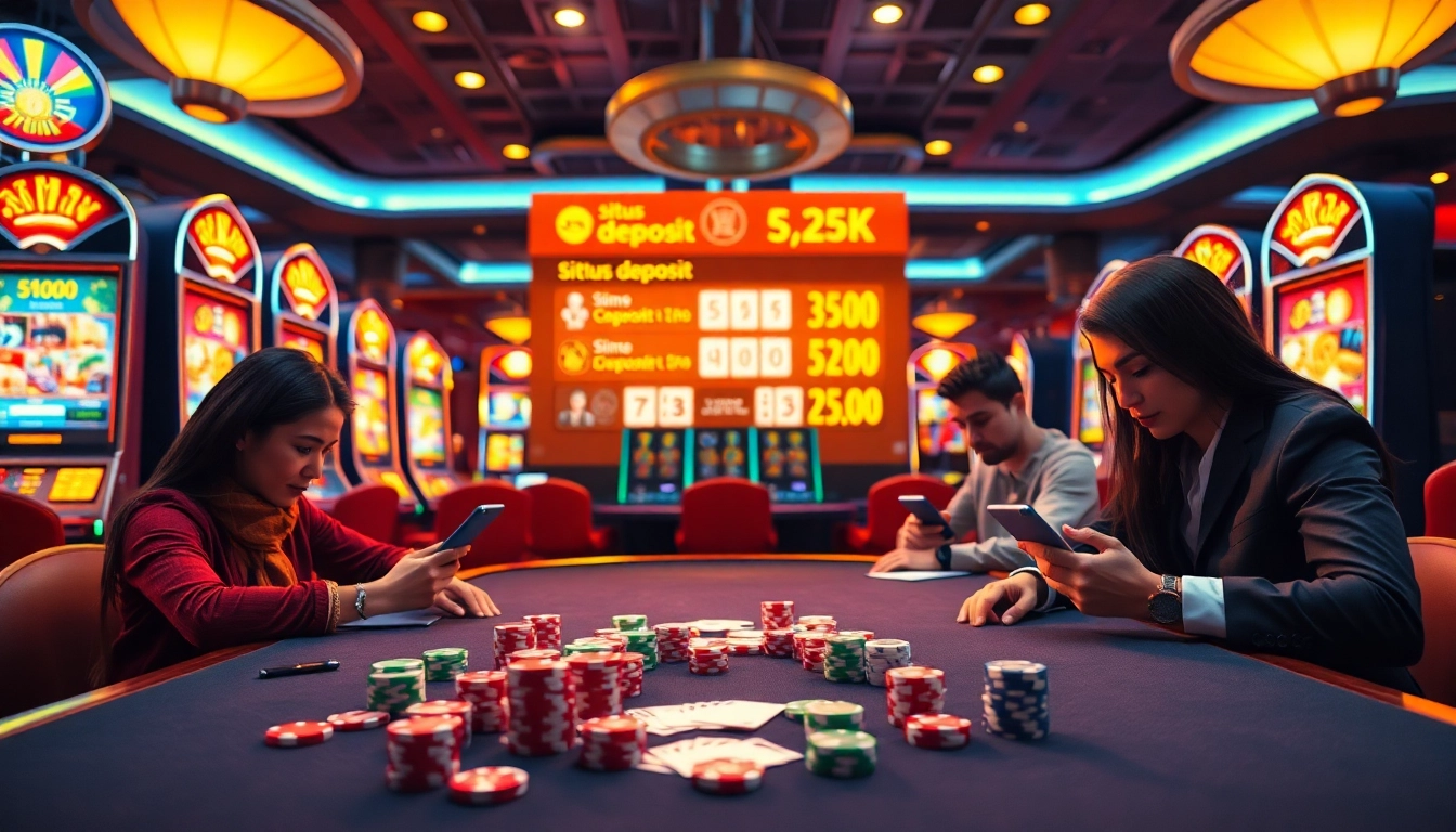 Mengajak pemain di meja permainan situs deposit 5k dengan elemen kasino yang berwarna-warni.