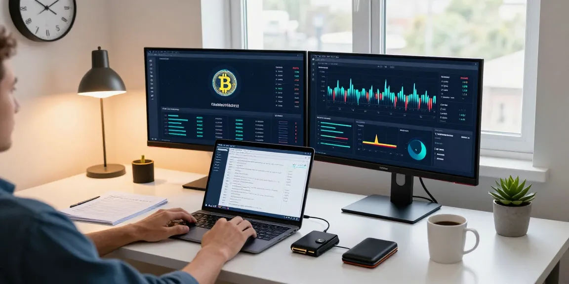 Automated bitcoin mining workspace showing cryptocurrency dashboard and hardware wallet in modern home office.