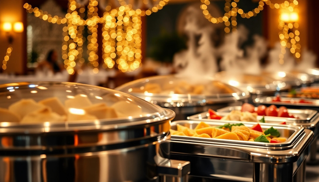 Serving delicious meals from a shiny chafing dish at a festive gathering.