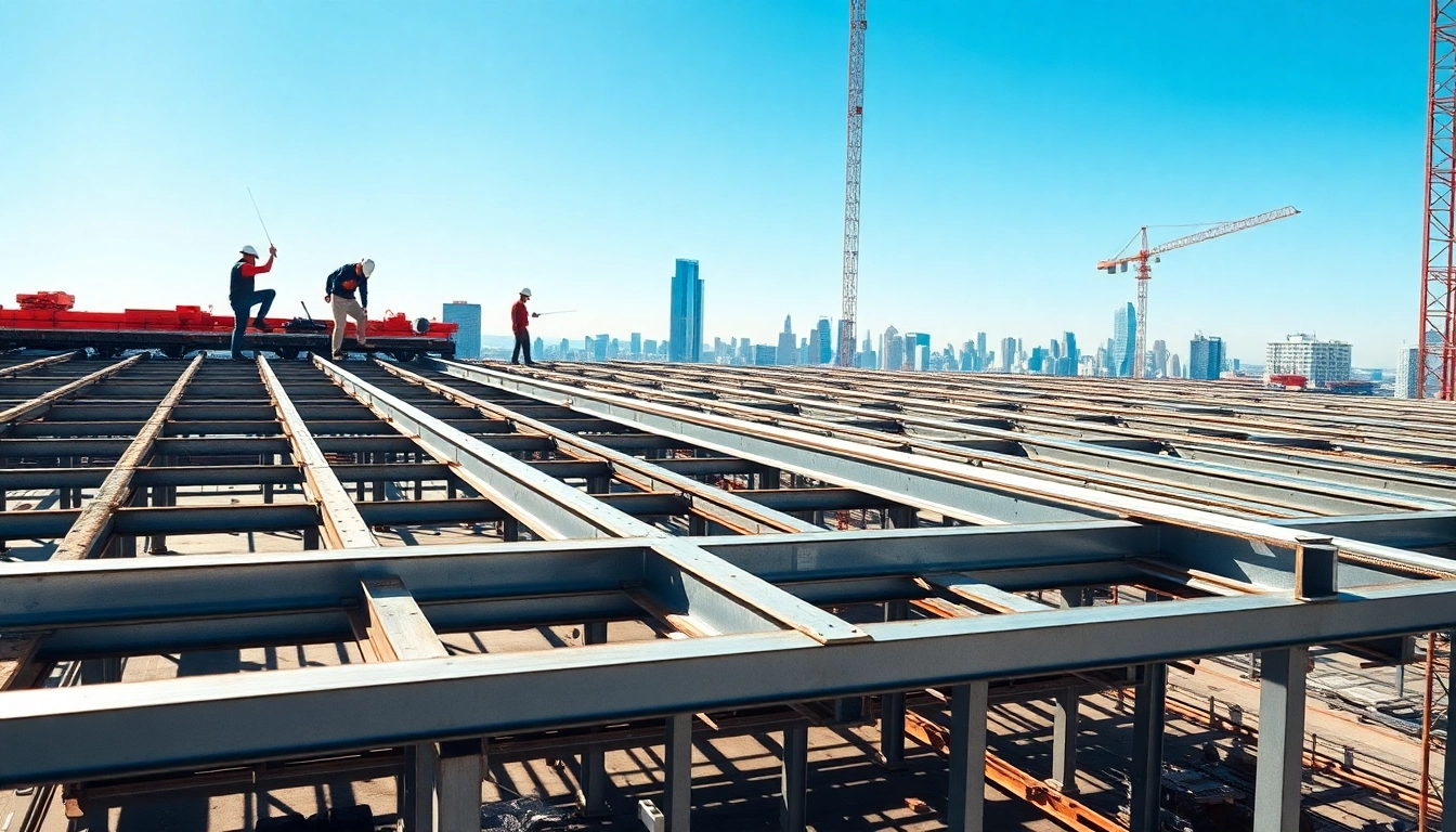 Dynamic view of structural steel construction showcasing workers assembling steel beams.