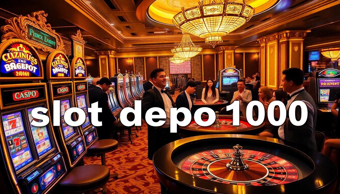 Pemain yang antusias merayakan kemenangan di kasino mewah yang menampilkan mesin slot Depo 1000.