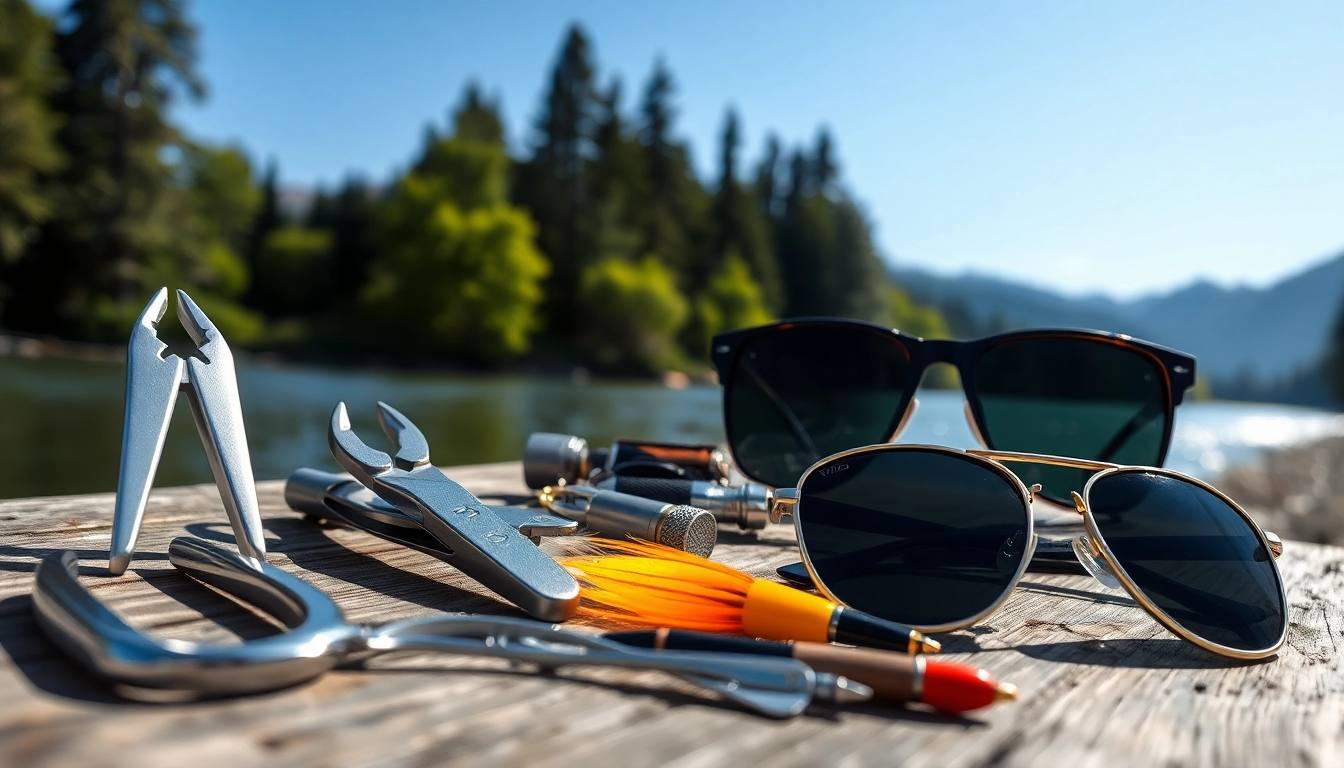 Showcase of various fly fishing accessories, including nippers and hemostats on a rustic table.