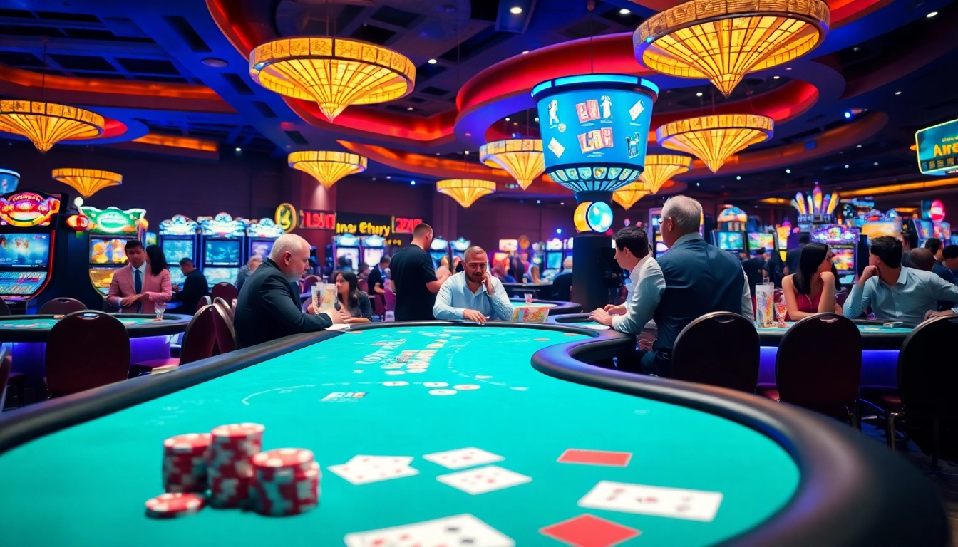 Spannende casino-spiele de in einem lebhaften Casino mit aufregenden Spielern und Spielelementen fördern.