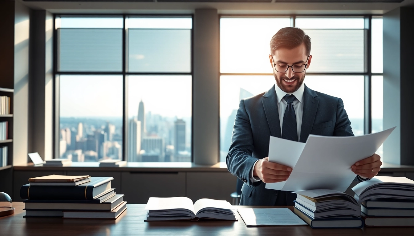 Real estate lawyer consulting clients in a modern office with a panoramic city view.