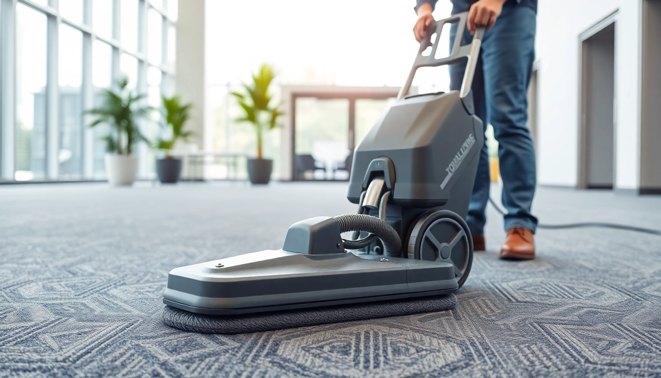 Demonstrating commercial carpet cleaning techniques in a modern office setting.
