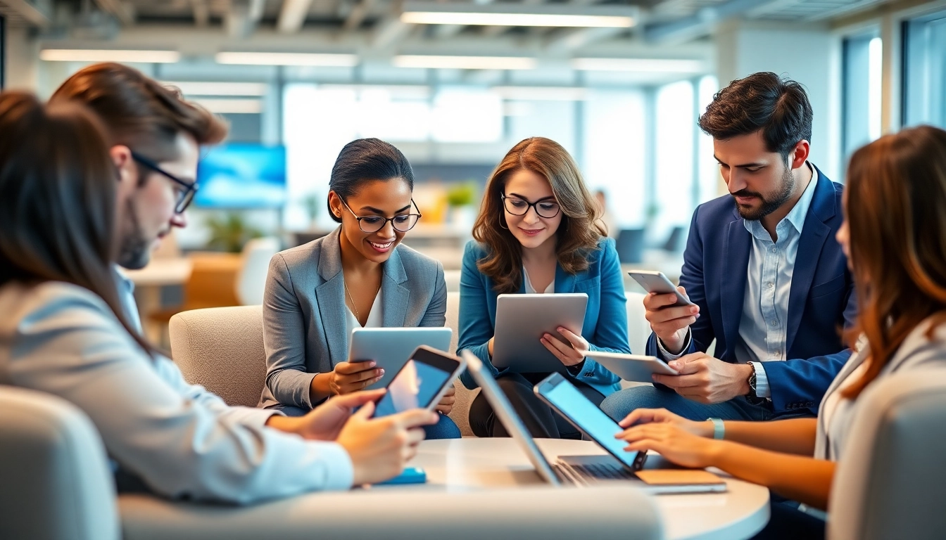 Individuals completing an eta application uk in a modern office setting with digital devices