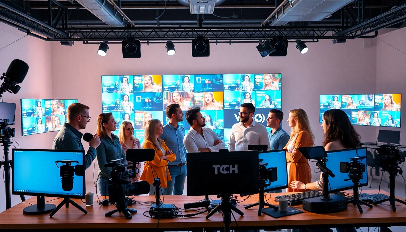 Engaged team of a Creative Video Production Agency collaborating in a bright studio environment.