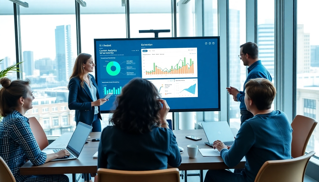 Visual representation of a content analytics tool for sales teams highlighting teamwork and digital collaboration.