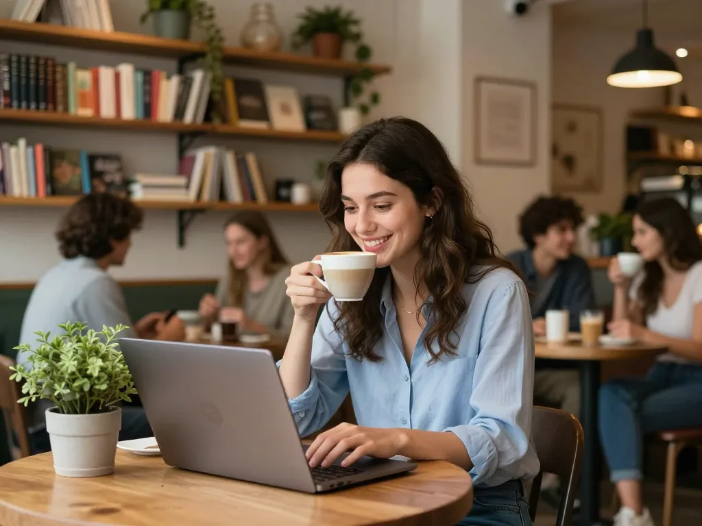 A young woman smiling with a crush on someone while working in a cozy coffee shop atmosphere filled with books and plants.