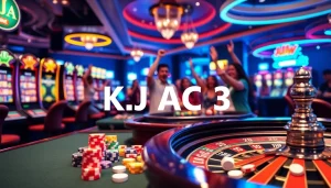 Dynamic casino scene featuring gambling elements like KJC AC 3 slot machines and poker tables.