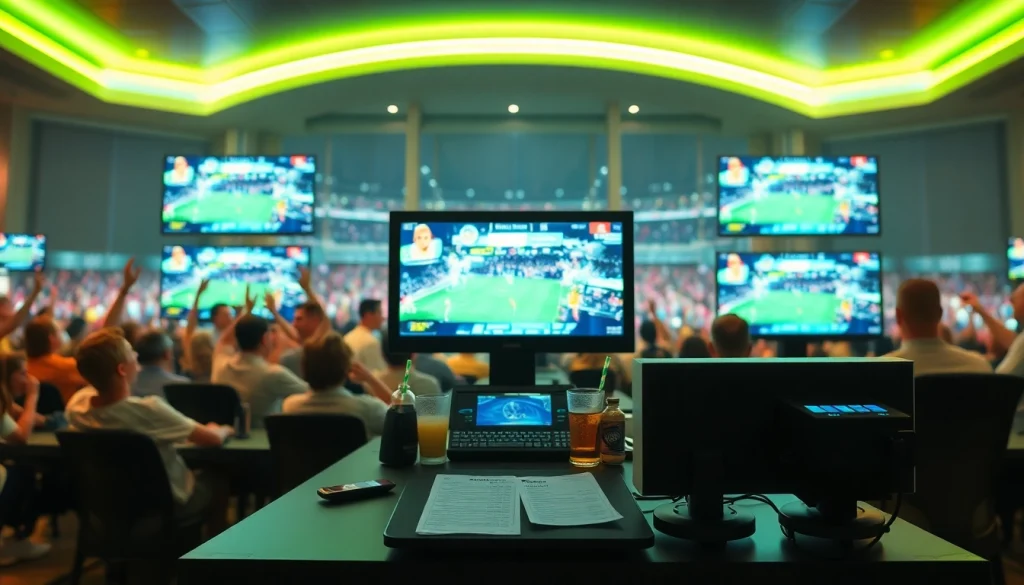 Engaging view of sports betting Brazil with enthusiastic fans and a modern betting terminal.