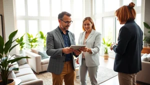 Real Estate agent assisting clients in a bright living room with engaging details.