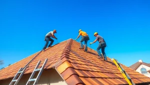 Builders installing high-quality roofing solutions on a residential roof, showcasing expertise and teamwork.