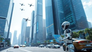 Engaging representation of Technology in a futuristic city, showcasing robots and digital interactions.