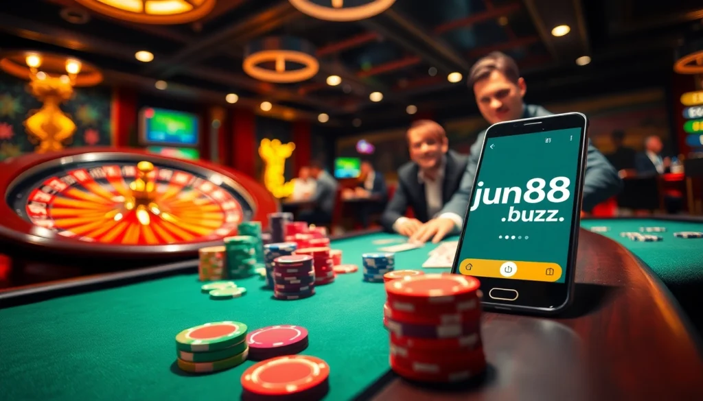 Gamble with excitement at https://jun88.buzz/! A vibrant poker table showcases action-packed gameplay with colorful chips and intense players.