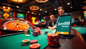Gamble with excitement at https://jun88.buzz/! A vibrant poker table showcases action-packed gameplay with colorful chips and intense players.