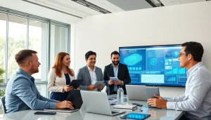 Engaged managed IT provider team discussing solutions in a bright conference room.