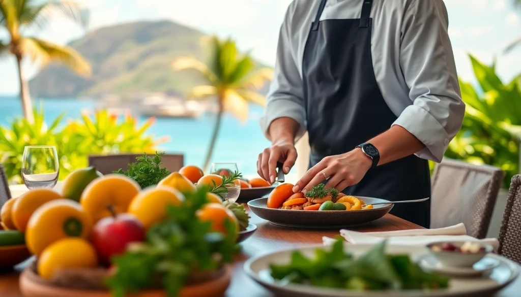 Experience luxury St Martin Private Chef crafting exquisite meals in a tropical villa setting.
