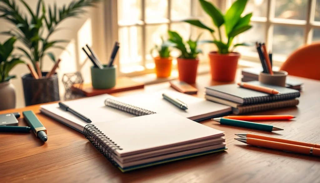 Shop premium stationery uk items arranged artfully on a wooden desk with natural light.