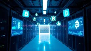 Modern cloud mining facility featuring Bitcoin mining servers and digital stats.