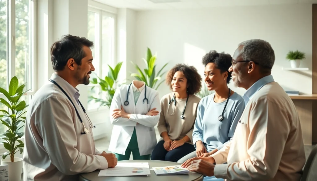 Engaging discussion about Health in a welcoming healthcare setting, featuring diverse individuals.