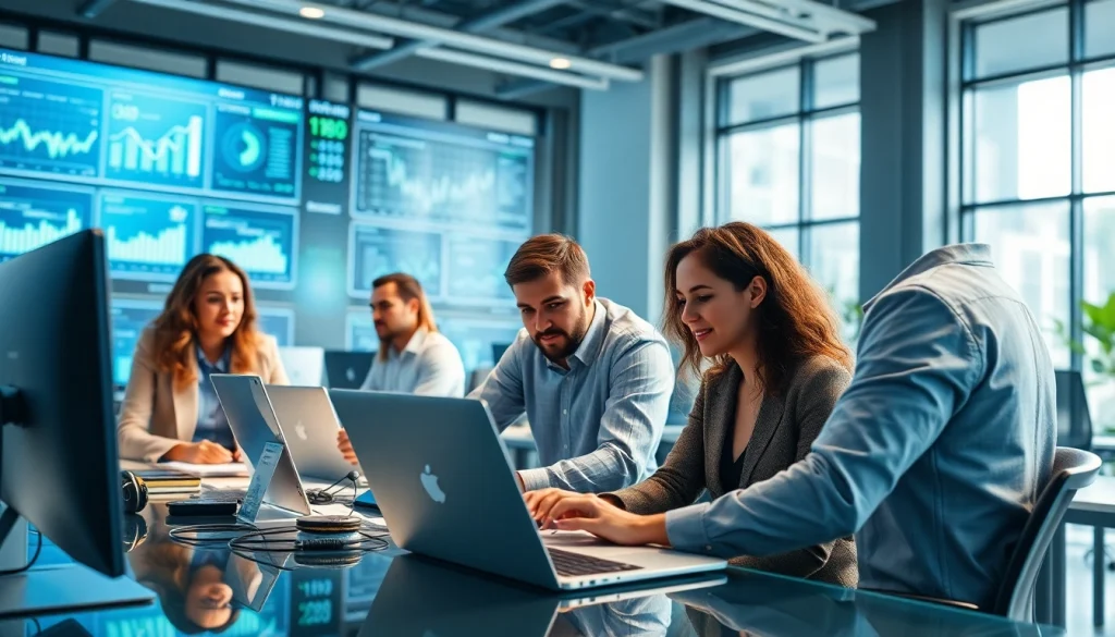 Showcasing technology innovation in a collaborative office setting, featuring diverse professionals at work.