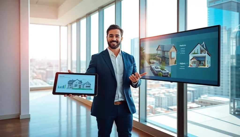 Engaging real estate agent illustrating property trends in a modern office environment.