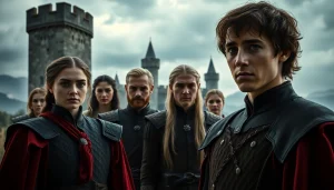 Engaging scene of the Game of Thrones cast dressed in character costumes, showcasing dramatic expressions.