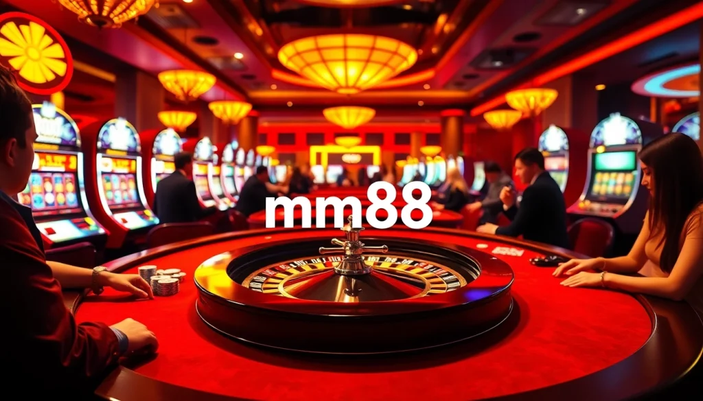 mm88 showcases the excitement of casino gaming with players at a roulette table, rich colors, and vibrant atmosphere.