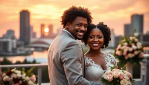 Heartwarming outdoor wedding photography in Tampa by talented wedding photographers tampa, featuring a diverse couple and gorgeous sunset.