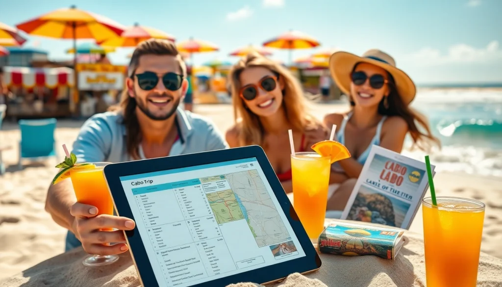 Cabo trip planner showcasing a family happily arranging their vacation with a tablet on the beach.