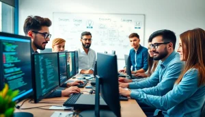 Engaging team in a dynamic workspace focusing on wordpress development outsourcing.