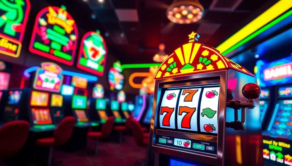 Rasakan pengalaman slot online yang seru dengan mesin slot berwarna-warni dan suasana kasino virtual yang hidup.