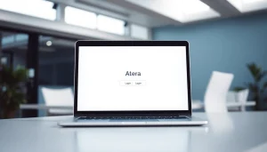 Atera login screen displayed on a laptop in a bright office setting, emphasizing secure access.