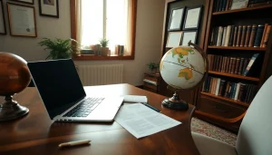 Legal documents and tools of a traduttore giurato in a professional workspace.