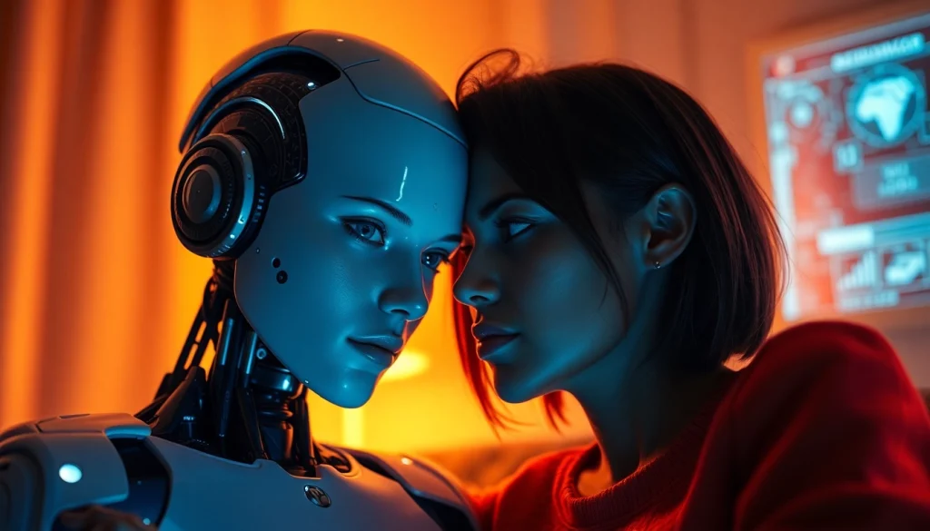 Intimate moment between a human and an AI companion, illustrating the concept of ai sex in a warm, inviting setting.