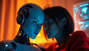 Intimate moment between a human and an AI companion, illustrating the concept of ai sex in a warm, inviting setting.