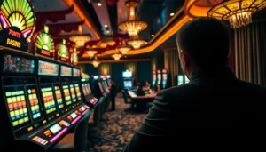A player spins the reels on an agen toto slot machine in a luxurious casino setting, showcasing vibrant colors.