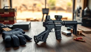 View of an ar 15 binary trigger showcasing its design and features with shooting accessories.