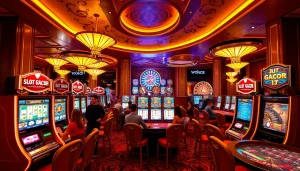 Experience the thrill of Slot Gacor in a luxurious casino setting with vibrant slot machines and winning players.