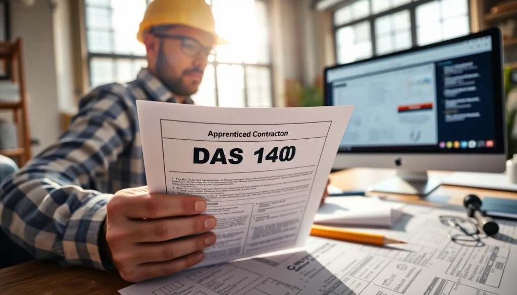 Contractor analyzing the DAS 140 form in a bright office environment, emphasizing professionalism.